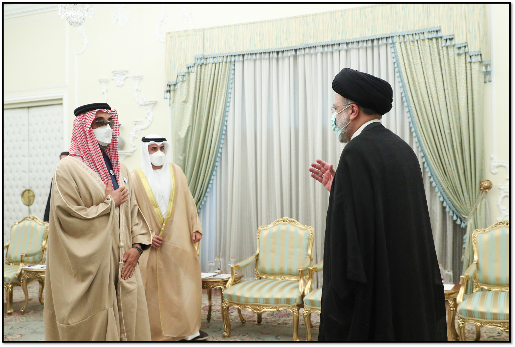 Emirati National Security Advisor Tahnoun bin Zayed Al Nahyan meets Iranian President Ebrahim Raisi.